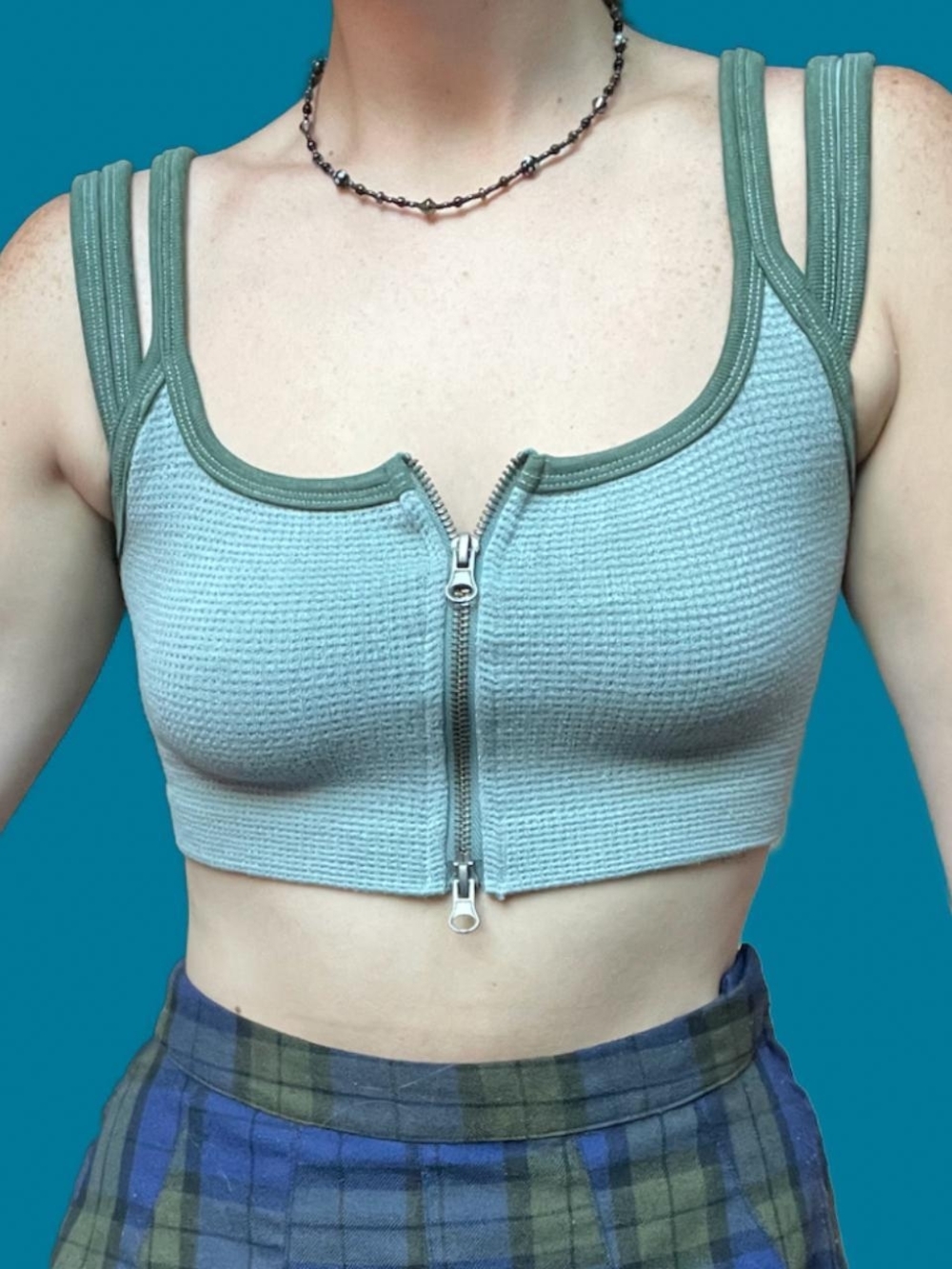 Urban Outfitters Sage Green Ribbed Crop Top with Olive Trim